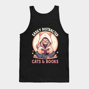 Easily Distracted by Cats and Books Funny Cat Lover Tank Top